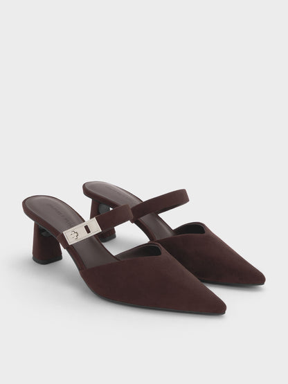 CHARLES & KEITH Sale / Lando Faux Suede Heeled Mules - Dark Brown Textured