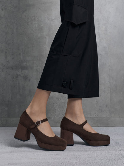 CHARLES & KEITH Featured / Faux Suede Platform Mary Jane Pumps - Dark Brown Textured