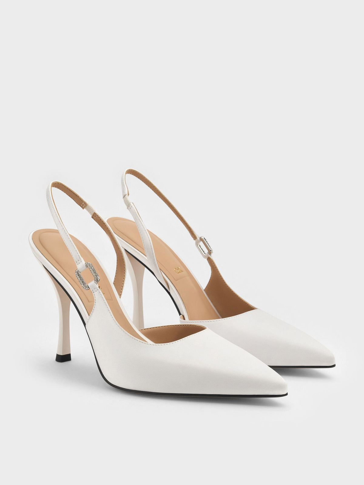 CHARLES & KEITH New / Crystal-Buckle Slingback Pumps - White