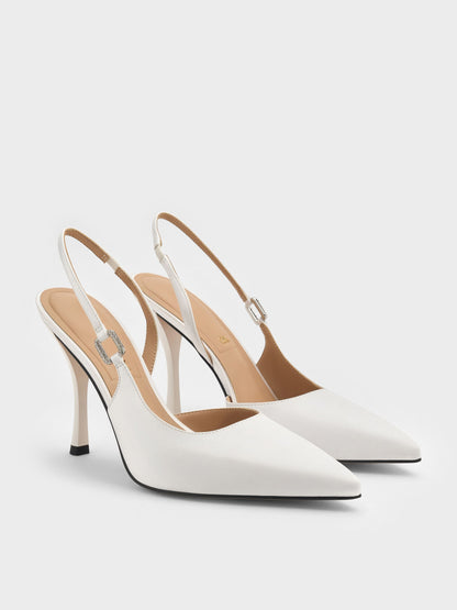 CHARLES & KEITH New / Crystal-Buckle Slingback Pumps - White