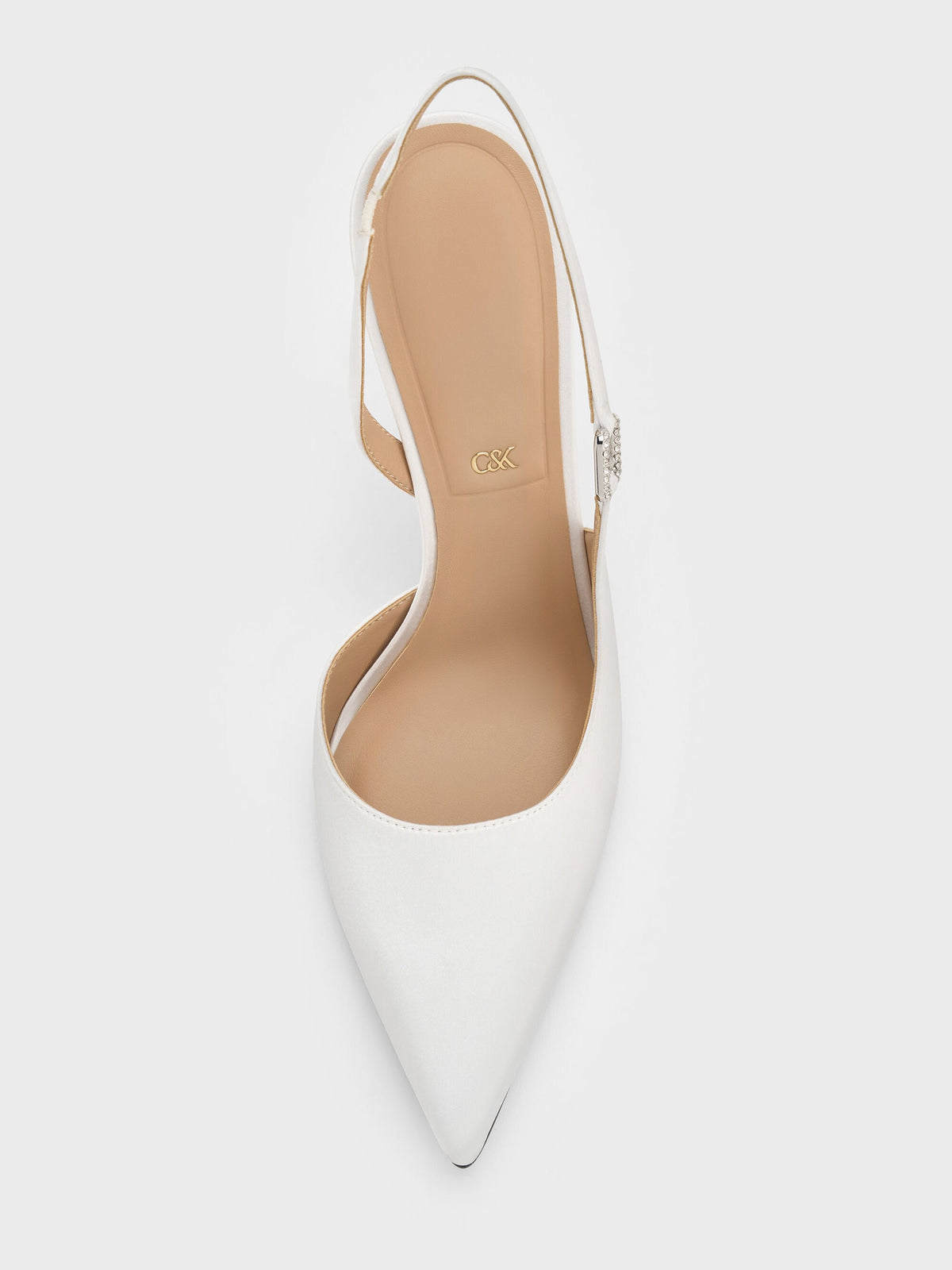 CHARLES & KEITH New / Crystal-Buckle Slingback Pumps - White
