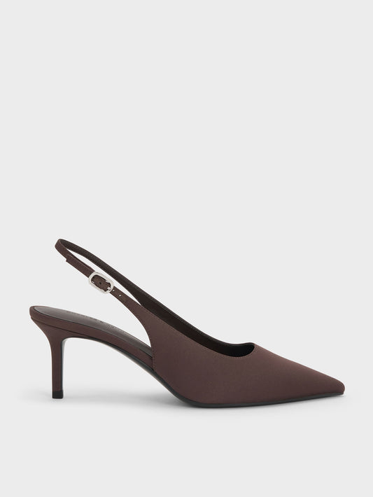 CHARLES & KEITH Great Value / Kaia Satin Slingback Pumps - Dark Brown Textured