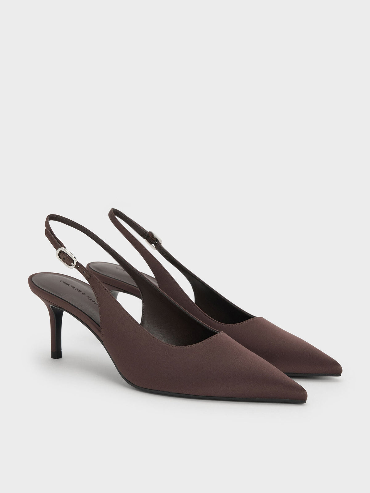 CHARLES & KEITH Great Value / Kaia Satin Slingback Pumps - Dark Brown Textured