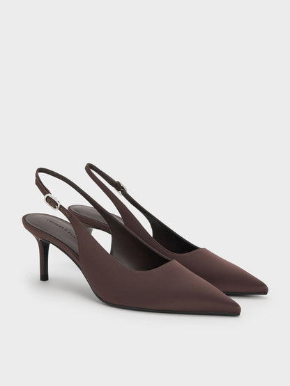 CHARLES & KEITH Great Value / Kaia Satin Slingback Pumps - Dark Brown Textured