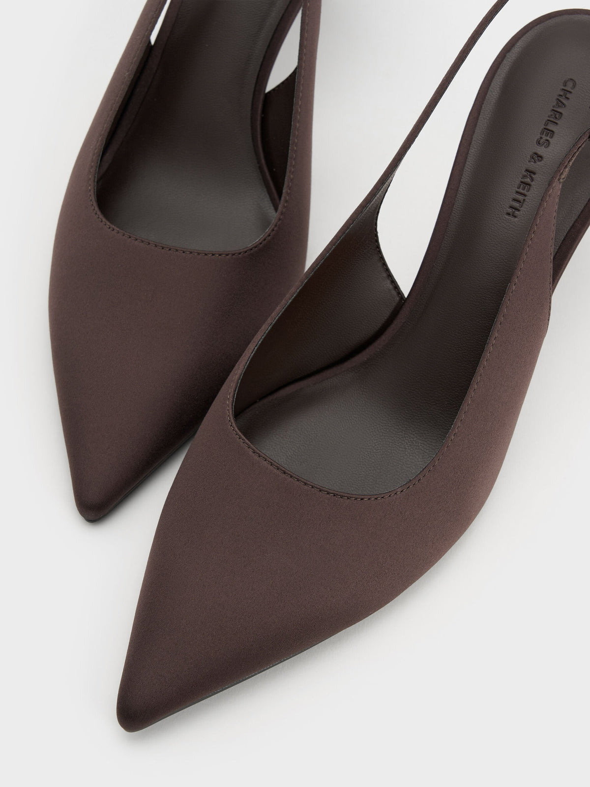 CHARLES & KEITH Great Value / Kaia Satin Slingback Pumps - Dark Brown Textured