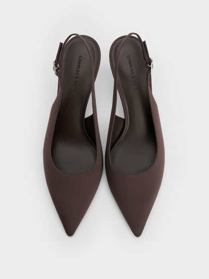 CHARLES & KEITH Great Value / Kaia Satin Slingback Pumps - Dark Brown Textured