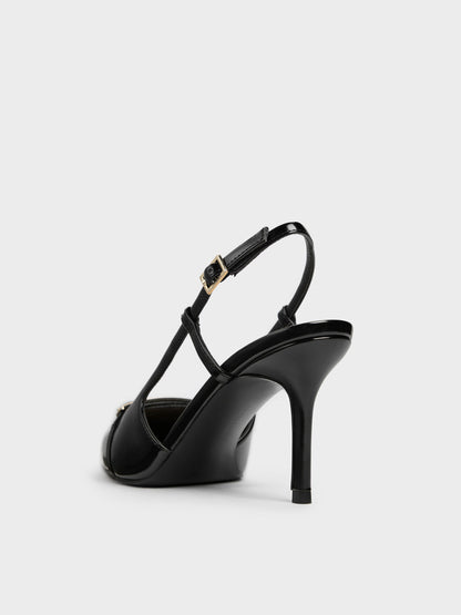 CHARLES & KEITH Top Pick / Metallic-Bar Pointed Slingback Pumps - Black Box