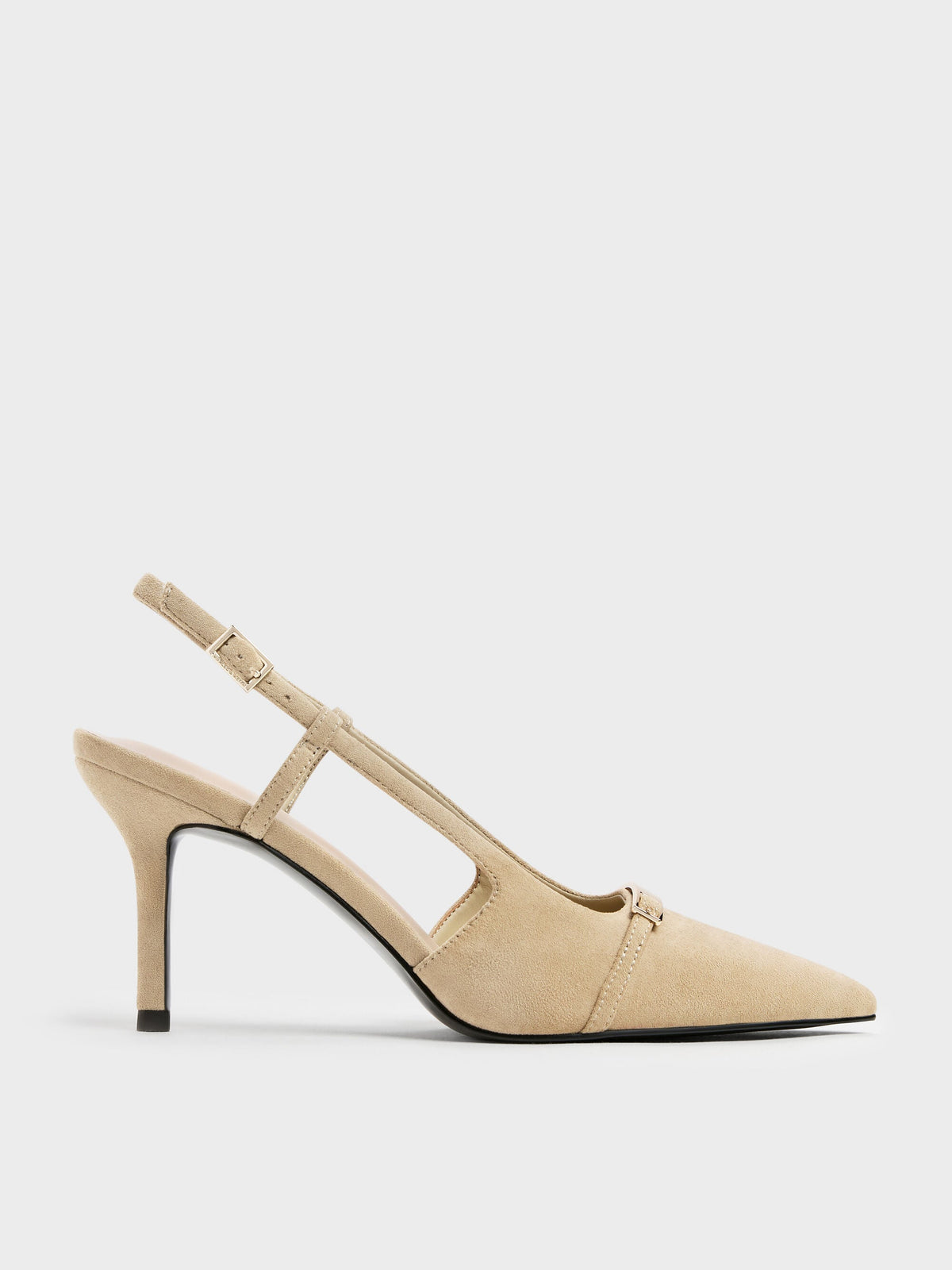 CHARLES & KEITH Exclusive / Faux Suede Metallic-Bar Pointed Slingback Pumps - Beige