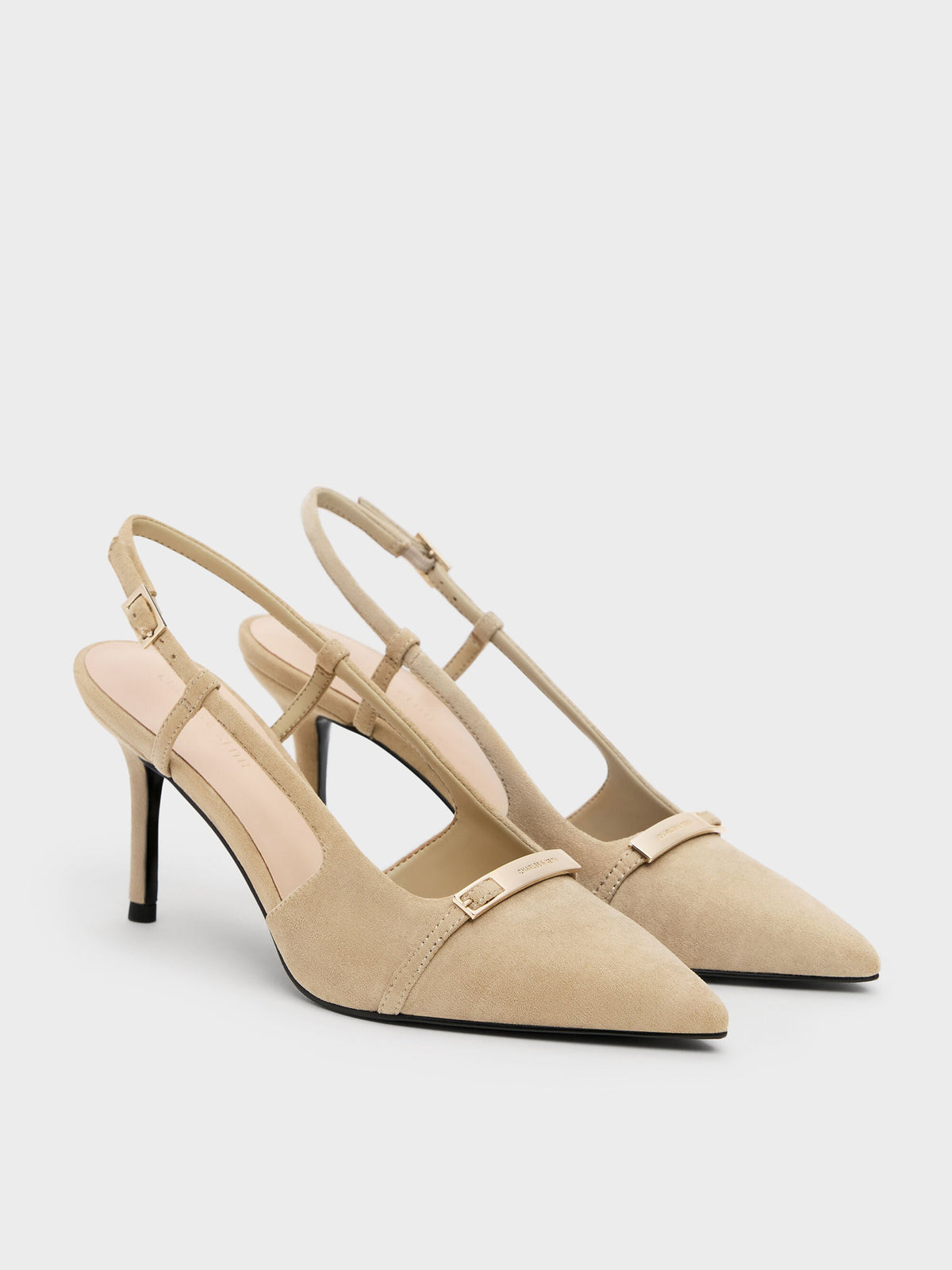 CHARLES & KEITH Exclusive / Faux Suede Metallic-Bar Pointed Slingback Pumps - Beige