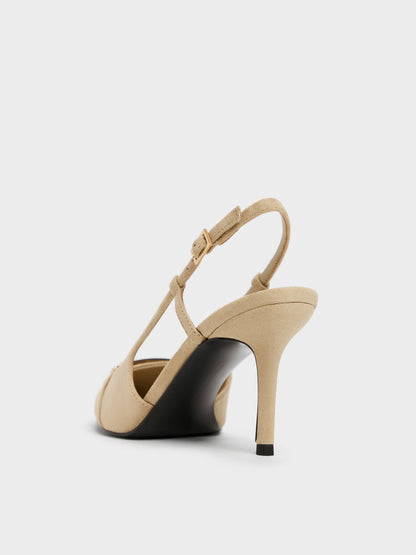 CHARLES & KEITH Exclusive / Faux Suede Metallic-Bar Pointed Slingback Pumps - Beige