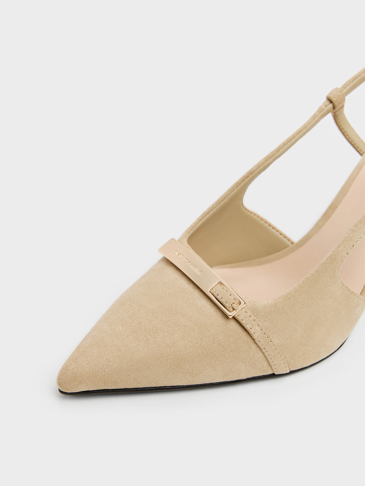CHARLES & KEITH Exclusive / Faux Suede Metallic-Bar Pointed Slingback Pumps - Beige