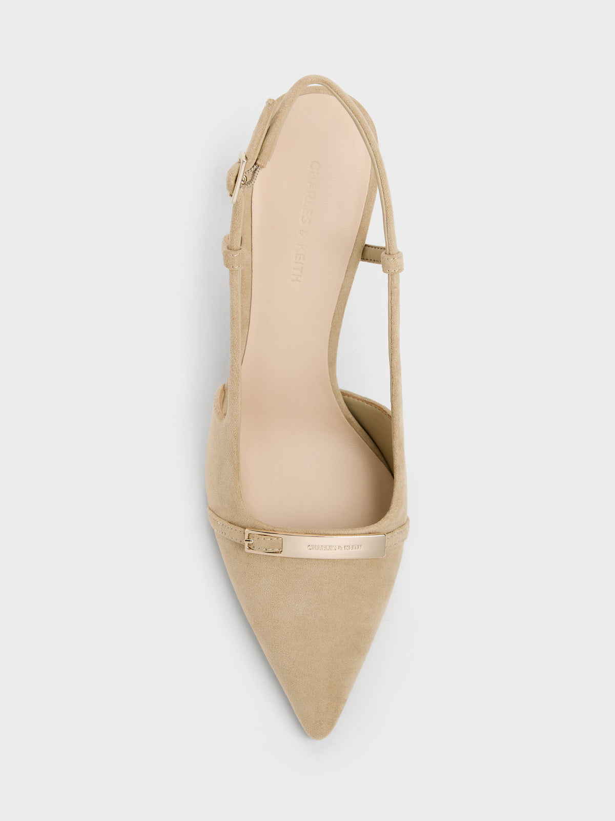 CHARLES & KEITH Exclusive / Faux Suede Metallic-Bar Pointed Slingback Pumps - Beige