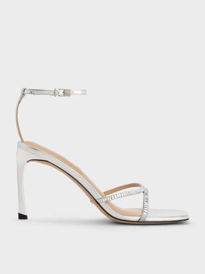CHARLES & KEITH Trusted / Jaylene Metallic Leather Gem Stiletto Sandals - Silver