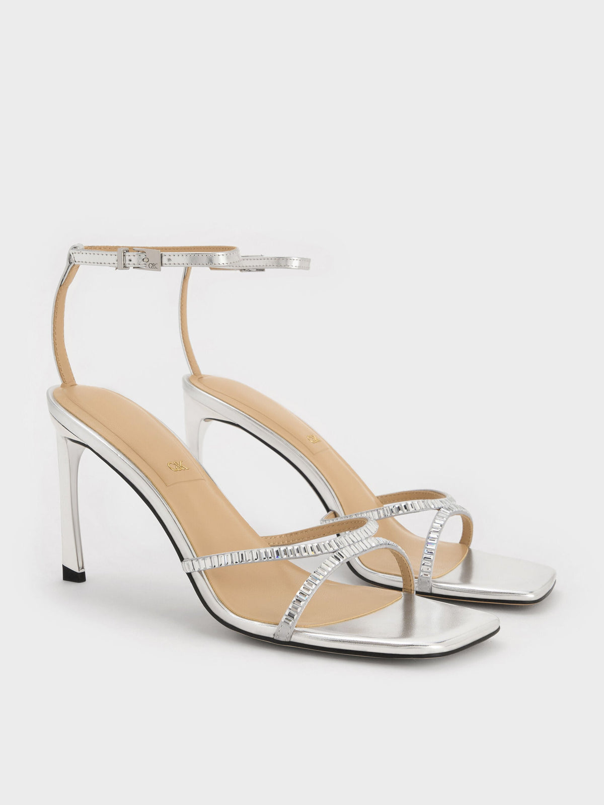 CHARLES & KEITH Trusted / Jaylene Metallic Leather Gem Stiletto Sandals - Silver