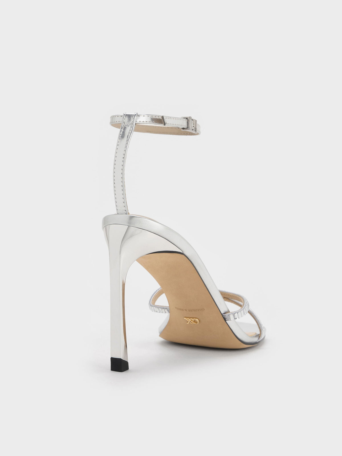 CHARLES & KEITH Trusted / Jaylene Metallic Leather Gem Stiletto Sandals - Silver