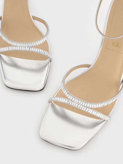 CHARLES & KEITH Trusted / Jaylene Metallic Leather Gem Stiletto Sandals - Silver