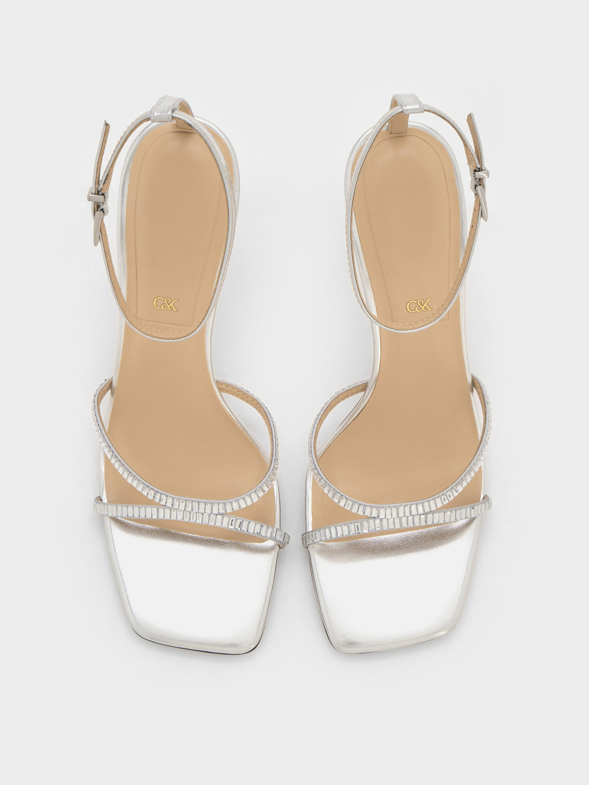 CHARLES & KEITH Trusted / Jaylene Metallic Leather Gem Stiletto Sandals - Silver