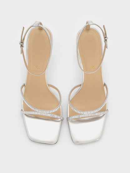 CHARLES & KEITH Trusted / Jaylene Metallic Leather Gem Stiletto Sandals - Silver