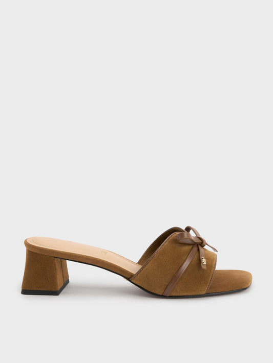 CHARLES & KEITH Smart Buy / Leather & Suede Bow Heeled Mules - Brown