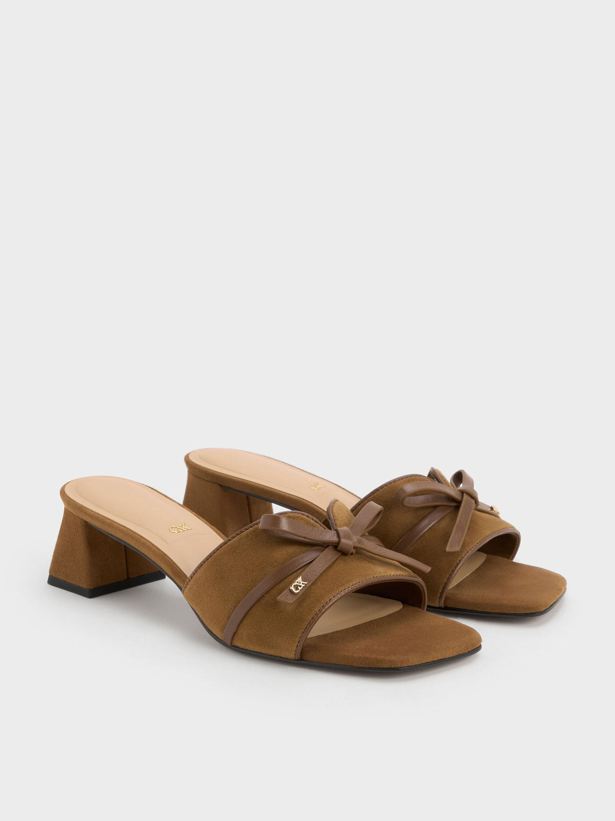 CHARLES & KEITH Smart Buy / Leather & Suede Bow Heeled Mules - Brown
