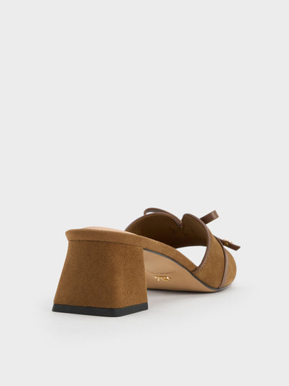 CHARLES & KEITH Smart Buy / Leather & Suede Bow Heeled Mules - Brown