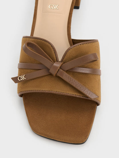 CHARLES & KEITH Smart Buy / Leather & Suede Bow Heeled Mules - Brown