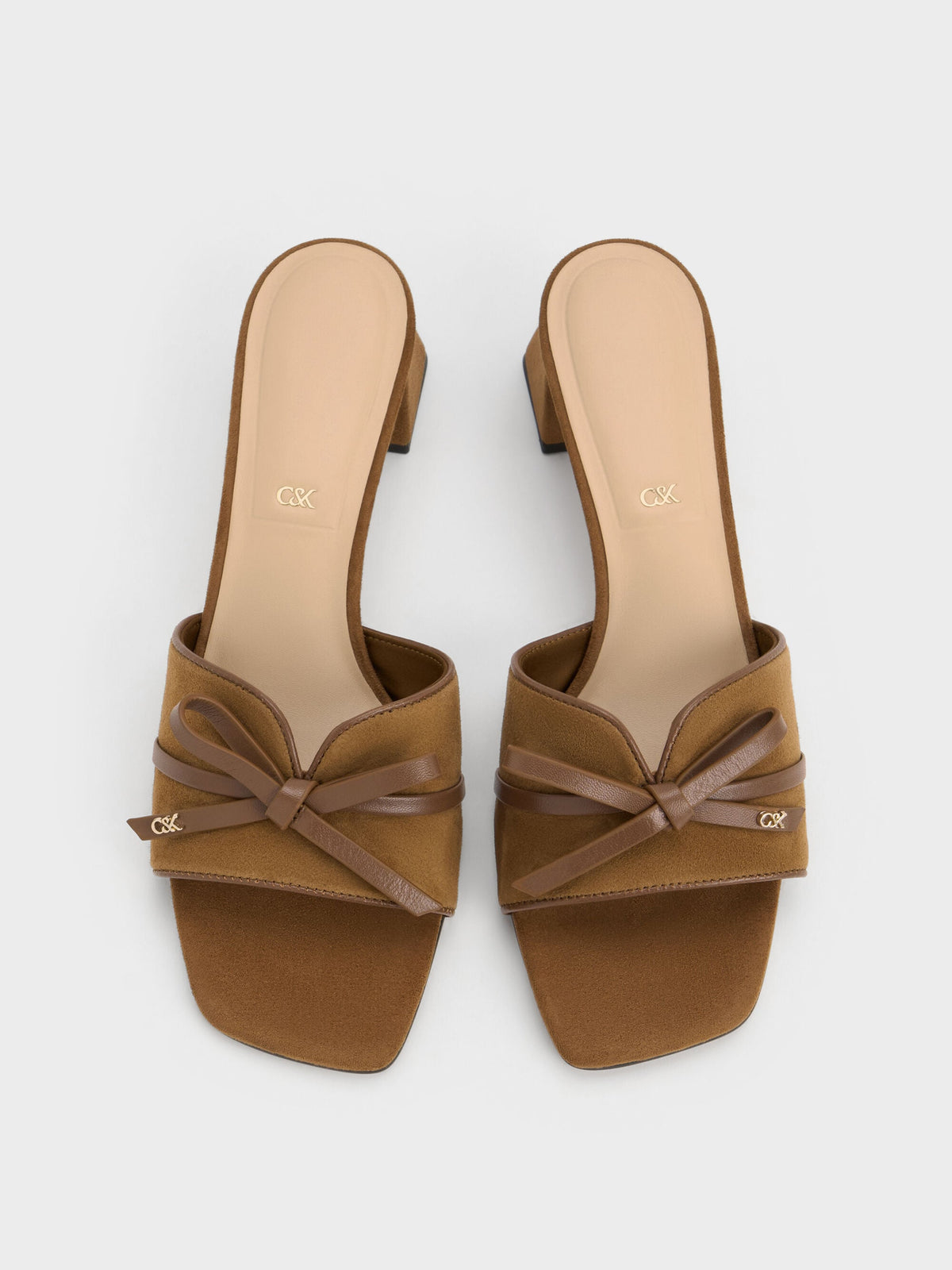 CHARLES & KEITH Smart Buy / Leather & Suede Bow Heeled Mules - Brown