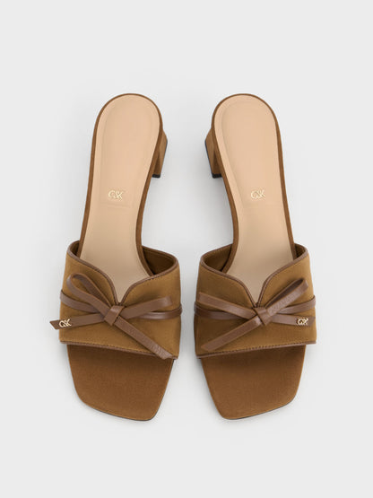 CHARLES & KEITH Smart Buy / Leather & Suede Bow Heeled Mules - Brown