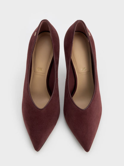 CHARLES & KEITH Popular / Leather & Suede Pointed Pumps - Burgundy