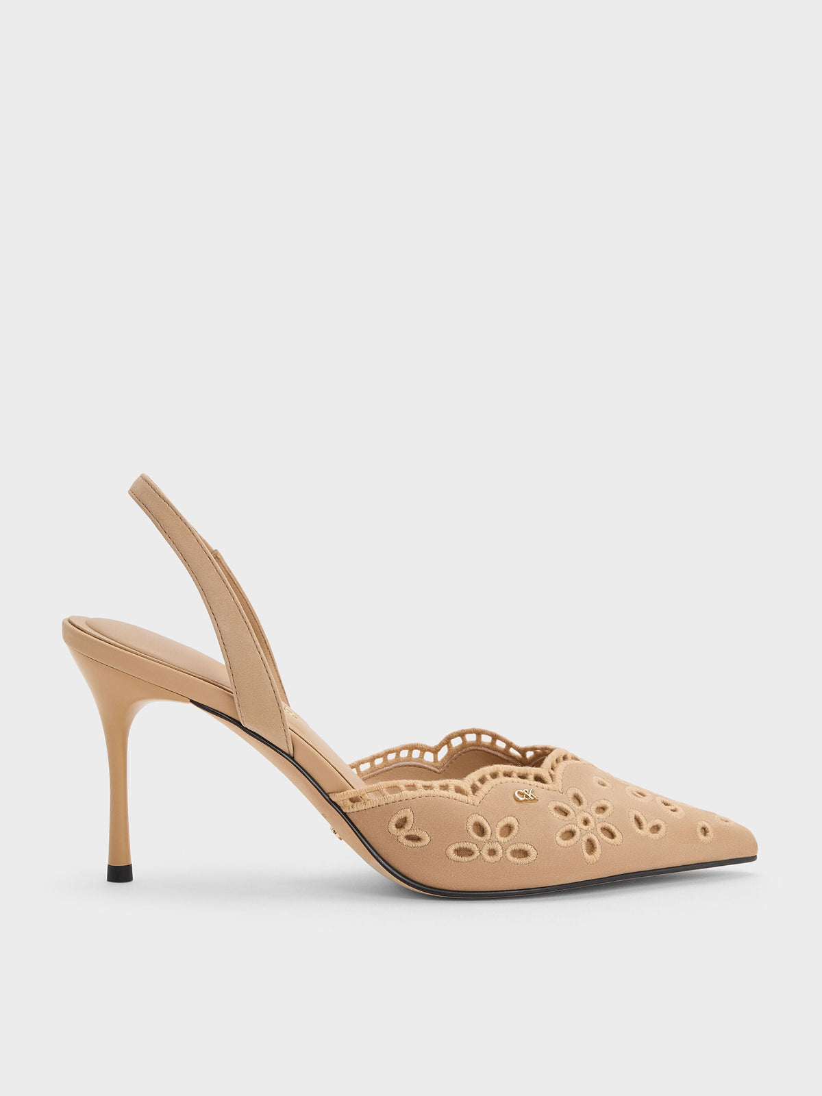 CHARLES & KEITH Value / Leather Embroidered Pointed Slingback Pumps - Beige