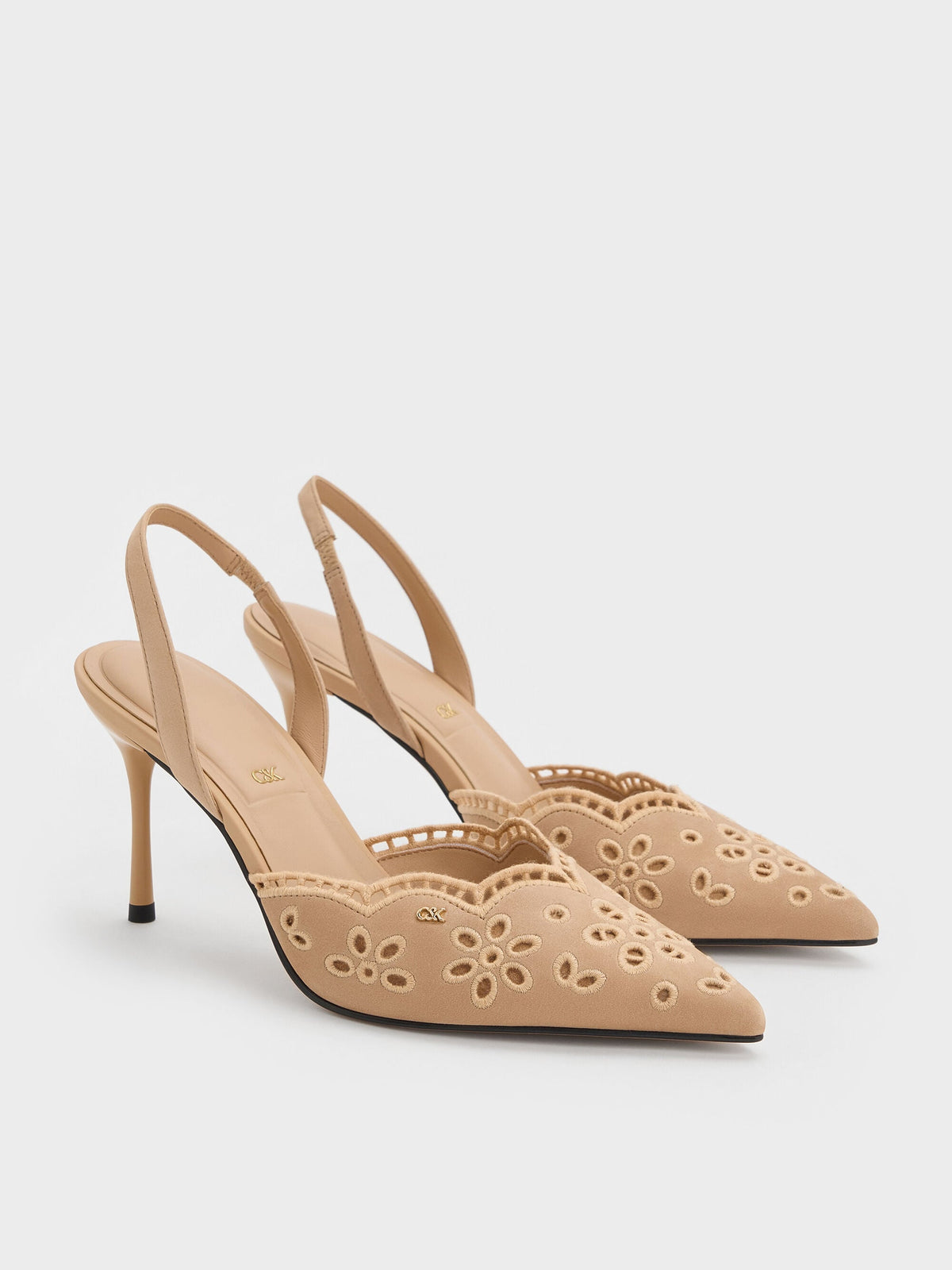 CHARLES & KEITH Value / Leather Embroidered Pointed Slingback Pumps - Beige