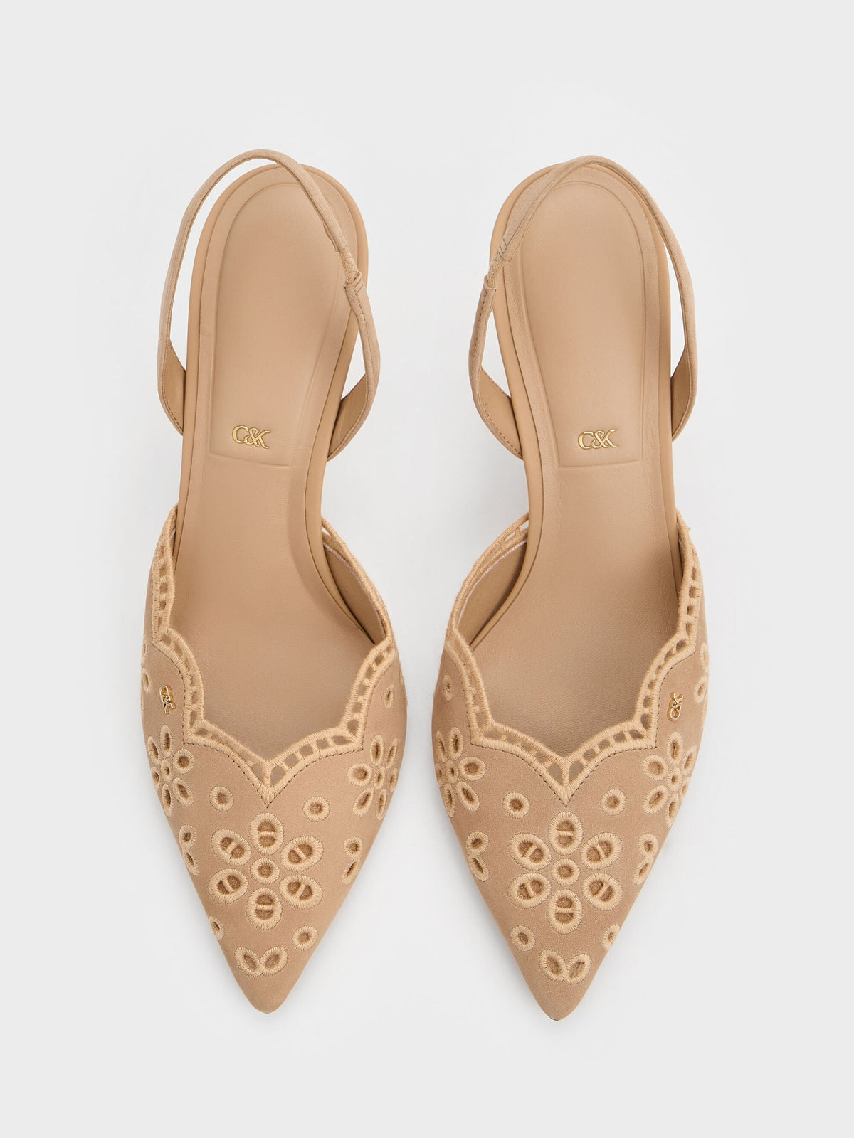 CHARLES & KEITH Value / Leather Embroidered Pointed Slingback Pumps - Beige