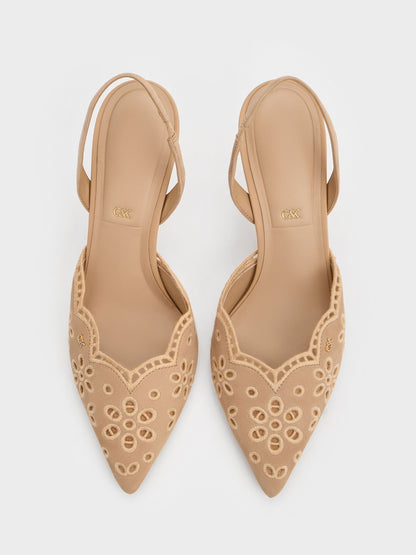 CHARLES & KEITH Value / Leather Embroidered Pointed Slingback Pumps - Beige