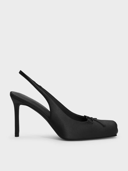 CHARLES & KEITH Hot Sale / Satin Ruched Stiletto Slingback Pumps - Black Textured