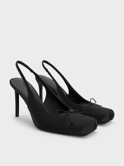 CHARLES & KEITH Hot Sale / Satin Ruched Stiletto Slingback Pumps - Black Textured