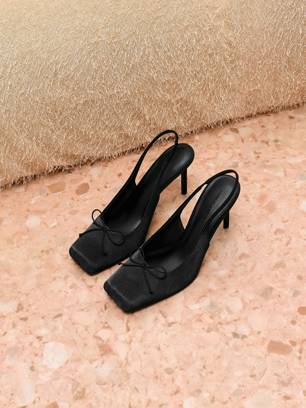 CHARLES & KEITH Hot Sale / Satin Ruched Stiletto Slingback Pumps - Black Textured