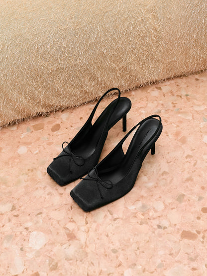 CHARLES & KEITH Hot Sale / Satin Ruched Stiletto Slingback Pumps - Black Textured