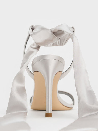CHARLES & KEITH Deals / Eliana Satin Tie-Around Heeled Sandals - Silver