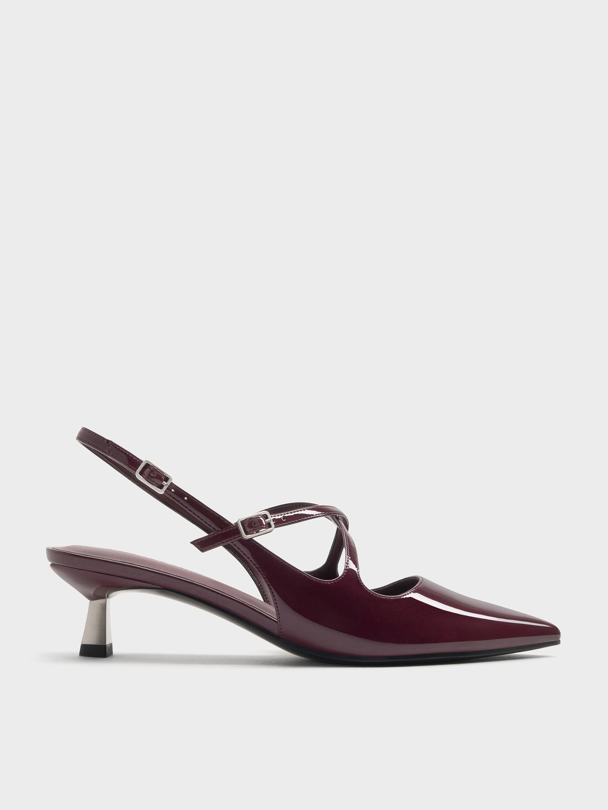 CHARLES & KEITH Signature / Pauline Patent Crossover Kitten Heels - Maroon
