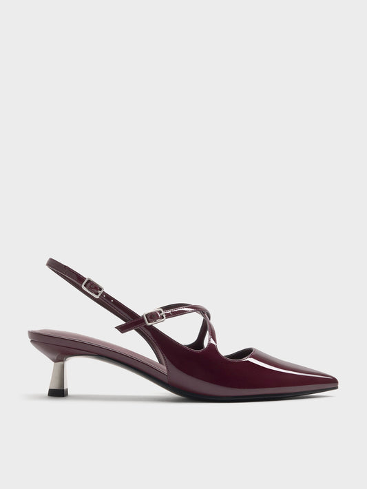 CHARLES & KEITH Signature / Pauline Patent Crossover Kitten Heels - Maroon