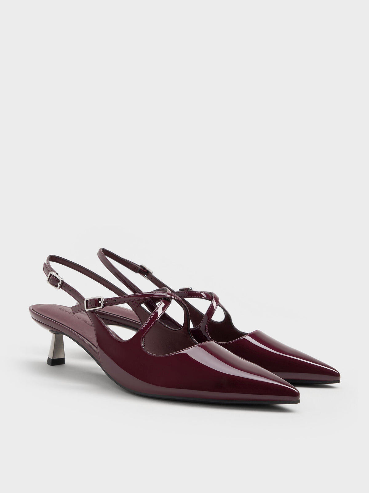 CHARLES & KEITH Signature / Pauline Patent Crossover Kitten Heels - Maroon