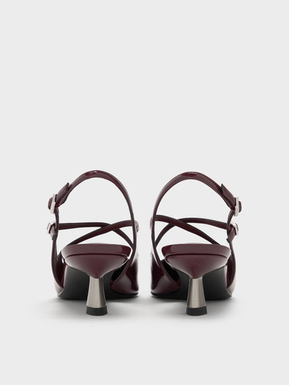 CHARLES & KEITH Signature / Pauline Patent Crossover Kitten Heels - Maroon