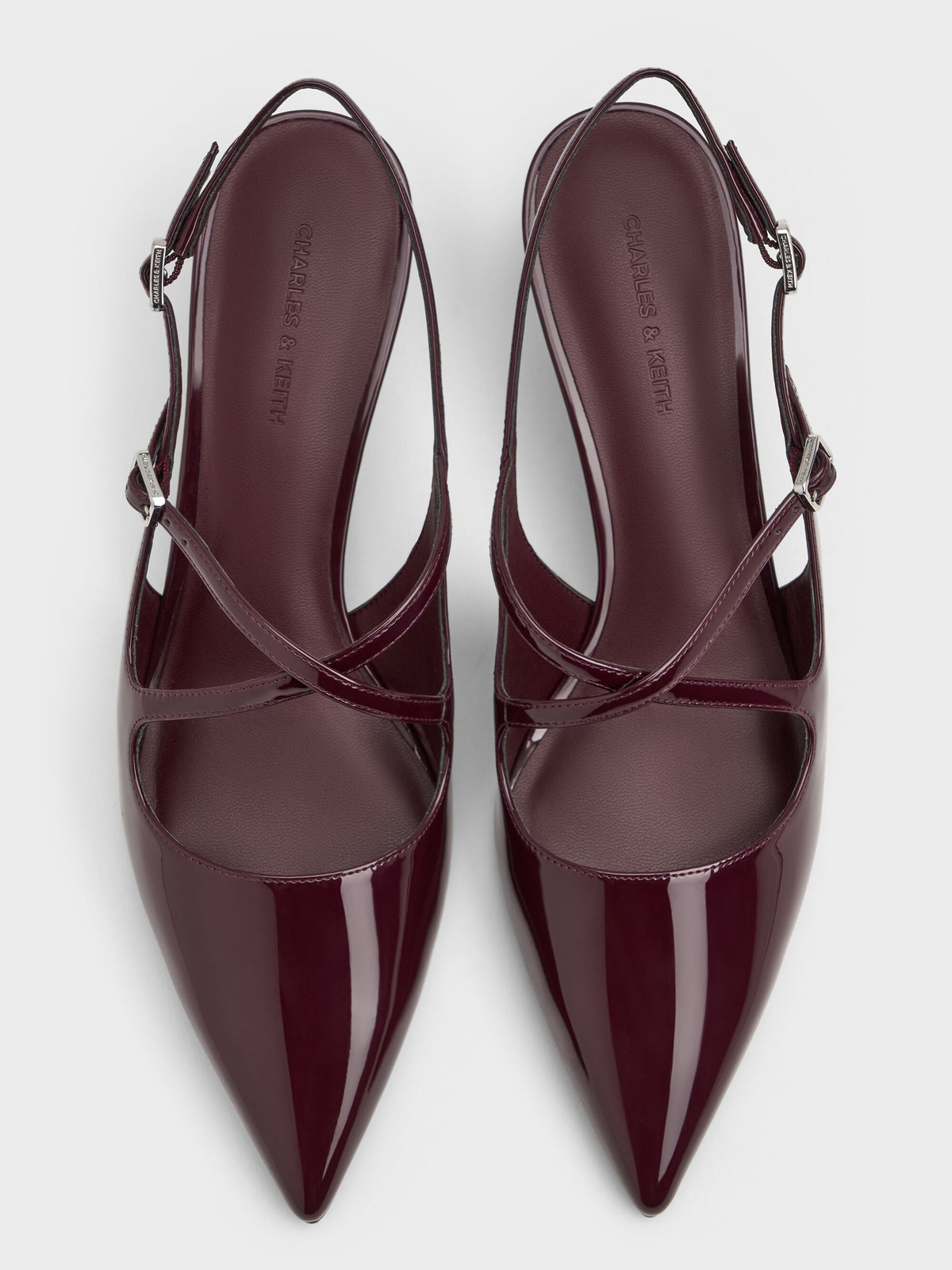 CHARLES & KEITH Signature / Pauline Patent Crossover Kitten Heels - Maroon