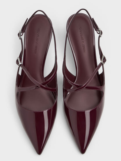 CHARLES & KEITH Signature / Pauline Patent Crossover Kitten Heels - Maroon