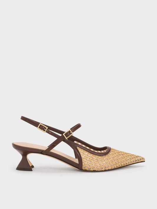 CHARLES & KEITH Exclusive / Raffia Sculptural-Heel Slingback Pumps - Dark Brown Textured