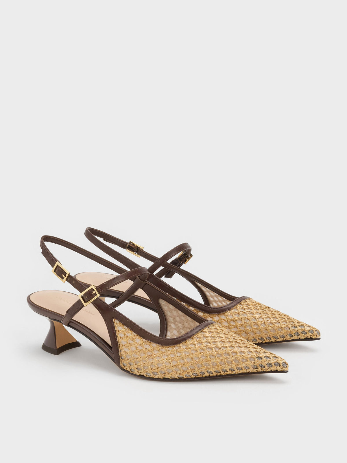 CHARLES & KEITH Exclusive / Raffia Sculptural-Heel Slingback Pumps - Dark Brown Textured