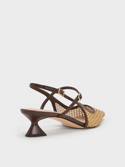 CHARLES & KEITH Exclusive / Raffia Sculptural-Heel Slingback Pumps - Dark Brown Textured