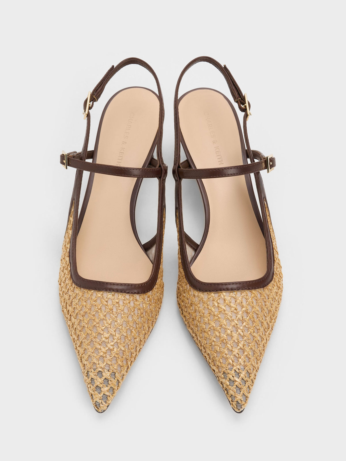 CHARLES & KEITH Exclusive / Raffia Sculptural-Heel Slingback Pumps - Dark Brown Textured