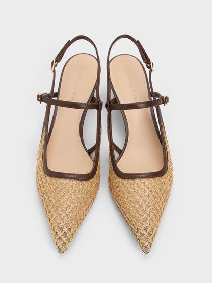 CHARLES & KEITH Exclusive / Raffia Sculptural-Heel Slingback Pumps - Dark Brown Textured