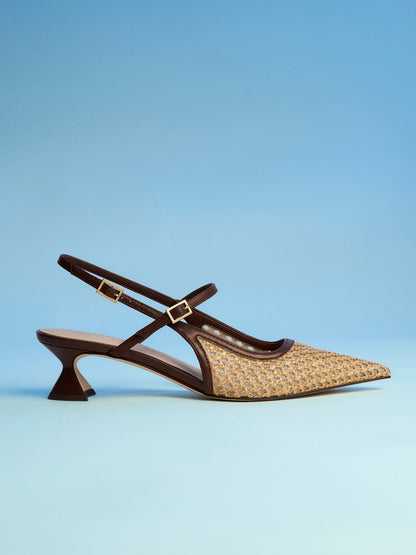 CHARLES & KEITH Exclusive / Raffia Sculptural-Heel Slingback Pumps - Dark Brown Textured
